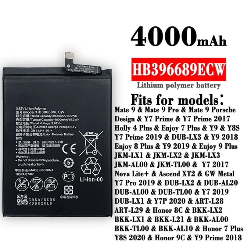 Batterie de remplacement pour Huawei Ascend Mate 9 / Mate 9 Pro / Honor 8C / Y7 / Y9, HB396689ECW Batterie de remplacement pour Huawei Ascend Mate 9 / Mate 9 Pro / Honor 8C / Y7 / Y9, HB396689ECW